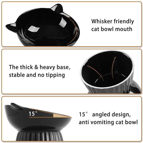 Ceramic Raised Cat Bowl，Tilted Raised Bowl Anti Vomit for Indoor Cats Whisker Friendly Pet Feeder for Cats Puppies, Microwave and Dishwasher Safe (Black) - color: Black