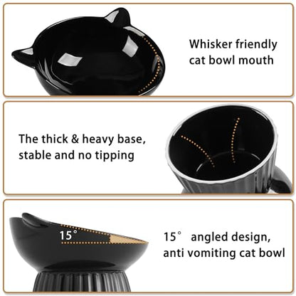 Ceramic Raised Cat Bowl，Tilted Raised Bowl Anti Vomit for Indoor Cats Whisker Friendly Pet Feeder for Cats Puppies, Microwave and Dishwasher Safe (Black) - color: Black