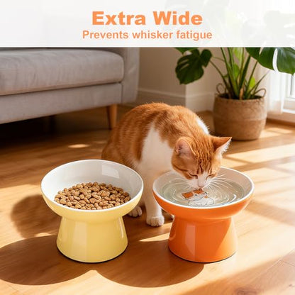 Elevated Cat Bowls,2 Pcs Ceramic Raised Cat Food Bowls with Non-Slip Base,Whisker-Friendly Shallow Design,Lead & Cadmium Free Pet Feeder,Dishwasher and Microwave Safe (Orange&Yellow) - color: Orange&Yellow