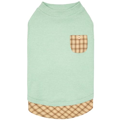 KYEESE Waffle Dog Shirts for Small Dogs Soft Breathable T-Shirts Lightweight Sleeveless Pet Vest Stretchy Puppy Clothes with Pocket Decoration and Plaid Patchwork Design, Medium - color: 4#Green, size: Medium (7-11lbs)