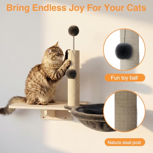 Cat Wall Shelves, Wooden Multi-Level Cat Climbing Furniture, House, Steps, Sisal Scratcher, Perches Bed & Ball, Space-Saving Wall Mounted Cats Shelves for Play & Rest - size: 4-in-1 Cat Shelves