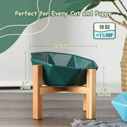 Green with Stand Ceramic Tilted Elevated Raised Pet Bowl with Bamboo Stand for Cats and Dogs No Spill Pet Food Water Feeder - color: Green with stand