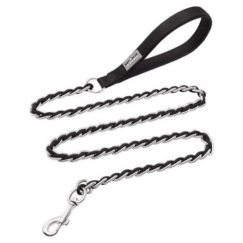 Dog Leash Chew Proof, Chain Leash Anti Chew Dog Leash for Large Dogs Heavy Duty, Indestructible Metal Leash Anti Bite Chain Link with Woven Cord Soft Padded Handle (Black, 4FT) - color: Black, size: 4FT(80-150lb)
