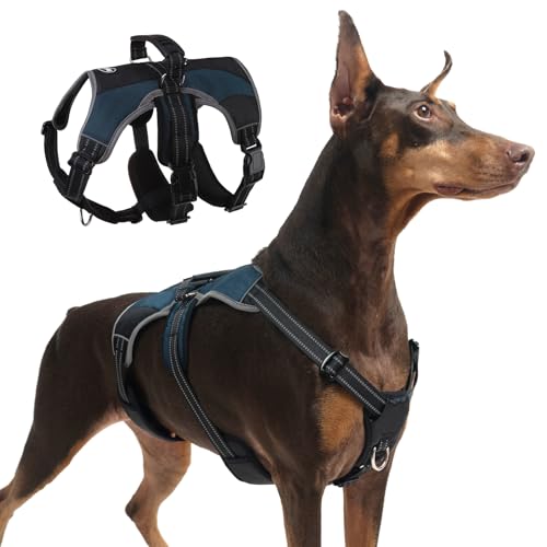 Dog Harness for Large Dogs, Escape Proof No Pull Service Vest with Reflective Strips and Control Handle, Adjustable and Cozy for Easy Walking, No Choke Pet Harness with 2 Metal Rings, Blue L - color: Blue, size: Large