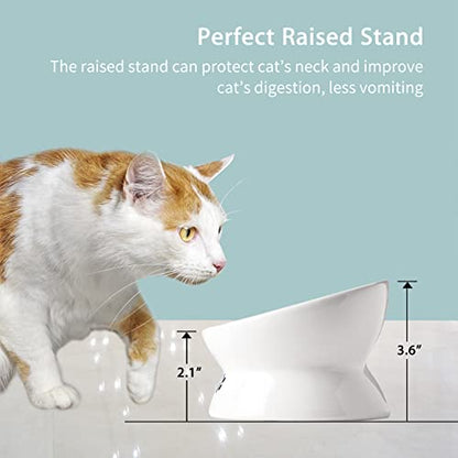 Cat Food Bowls, 10 OZ Elevated Cat Bowls for Cats and Small Dogs, Tilted Pet Feeder Bowl with Raised Stand Protect Cat's Spine, Ceramic Cat Water Bowl No-Spill, Stress Free Cat Dish 1pcs - color: White*1