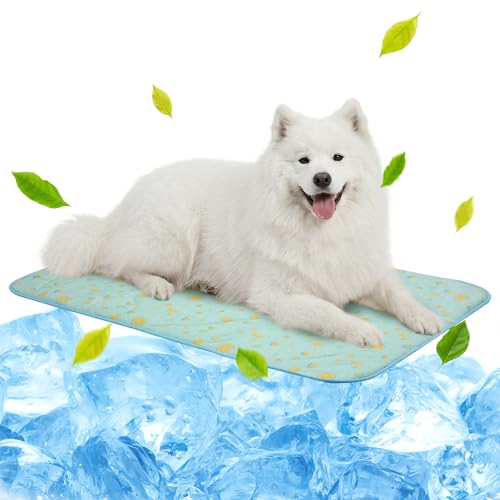 NWK Pack of 4 Pet Cooling Mat for Large Dogs -Q-Max>0.345 Ice Silk Cooling Mat for Dogs & Cats Portable & Washable Pet Cooling Blanket for Summer (4pcs, Green Fruit, 39'' X 27'' X 0.3'') - color: Green Fruit, size: Large (39'' X 27'' X 0.3'')