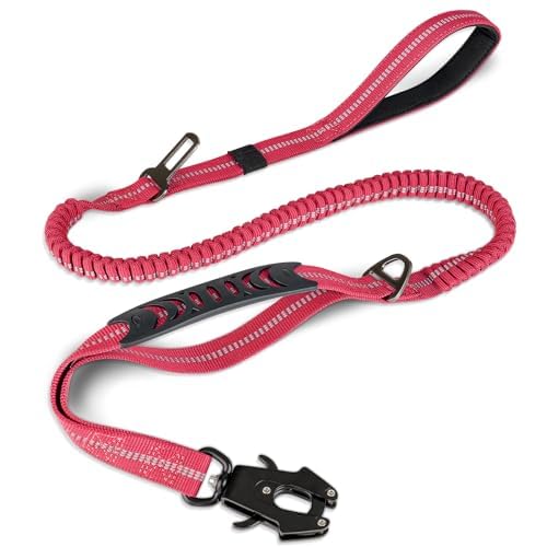 Joytale Tactical Dog Leash Heavy Duty, 4-6FT Shock Absorbing Bungee Lead with 2 Padded Handle, Metal Carabiner Clip, Car Seatbelt, Strong No Pull Leash for Medium Large X-Large Dogs, Hot Pink - color: Hot pink