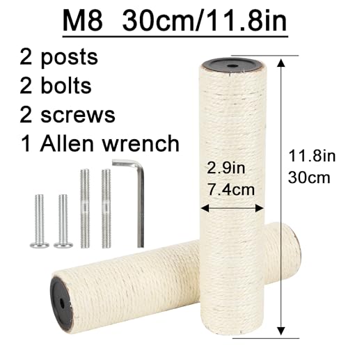 2.9in 7.4cm Diameter Cat Tree Replacement Post Parts Sisal Scratching Pole (M8, 30cm/11.8in) - color: 30cm/11.8in*2poles, size: M8