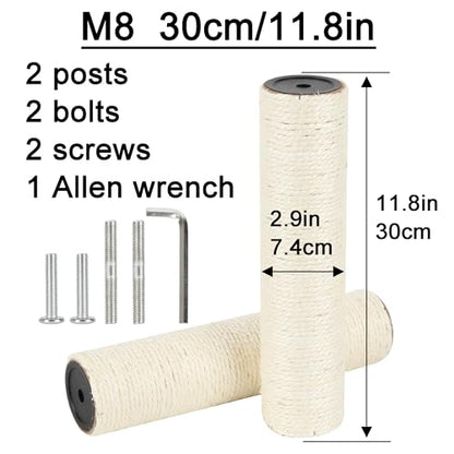 2.9in 7.4cm Diameter Cat Tree Replacement Post Parts Sisal Scratching Pole (M8, 30cm/11.8in) - color: 30cm/11.8in*2poles, size: M8