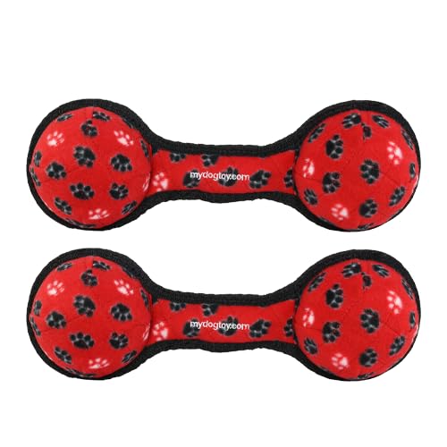 TUFFY- World's Tuffest Soft Dog Toy- Tug O War -Squeakers - Multiple Layers. Made Durable, Strong & Tough.(Tug,Toss & Fetch).Machine Washable & Floats (2Ball Tug Red Paw, Large 2 Pack) - color: 2Ball Tug Red Paw, size: Large 2 Pack