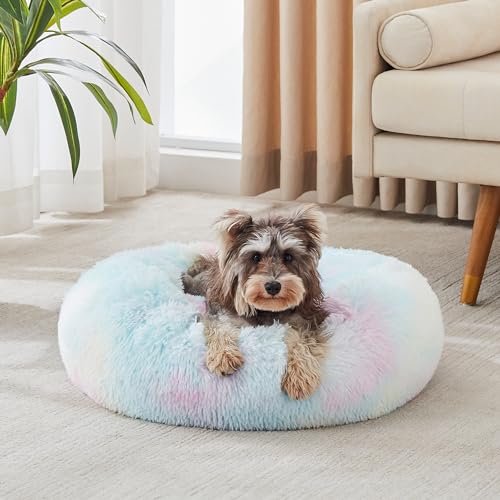 WESTERN HOME WH Calming Dog & Cat Bed, Anti-Anxiety Donut Cuddler Warming Cozy Soft Round Bed, Fluffy Faux Fur Plush Cushion Bed for Small Medium Dogs and Cats (20"/24"/27"/30") - color: Rainbow, size: 24.0"L x 24.0"W x 7.0"Th