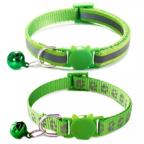 Breakaway Dog Collar with Bells, [2 Pack] Green Break Away Puppy Collar with Bells, Reflective Cat Collar for Boy Cats Kitty Kitten - color: Light Green
