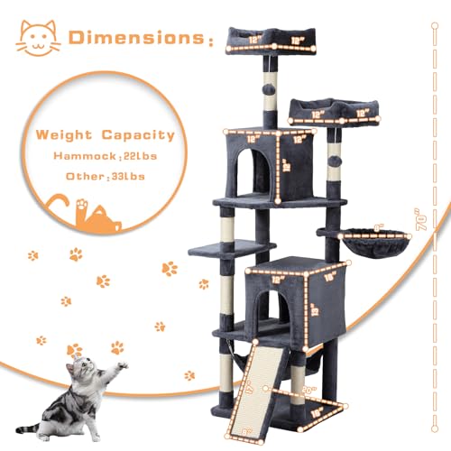 Letkind Cat Tree, 70-Inch Cat Tree Tower with Hammock, Scratching Post, Condo and Multi-Level Cat Tower, Large Cat Activity Center Playhouse, Dark Gray LCT015 - color: Deep Grey