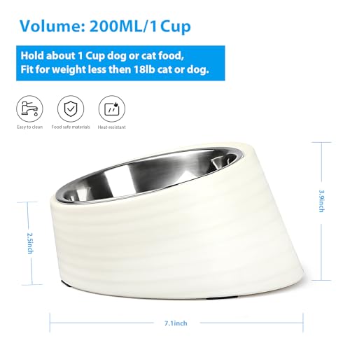 Uppetly Tilted Slanted Dog Bowl 1 Cup, 15° Tilted Stainless Steel Dog Cat Food Bowl, Non-Slip & Non-Spill Pet Feeder with Elevated Detachable Melamine Stand, Easy to Get Food Dish, Medium White - color: White-1Cup