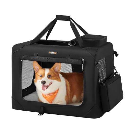 Feandrea 28 Inches Collapsible Soft Dog Crate, Portable Travel Dog Crate for Indoor and Outdoor Use, Dog Carrier Kennel with Safety Zippers, for Living Room, Car, Travelling, Black UPDC70H - color: Black, size: L（28.0"L x 20.5"W x 20.5"H）