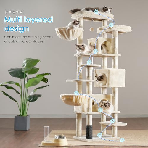 Hey-brother Cat Tree, 74 inches Multi-Level XL Large Cat Tower for Indoor Cats with Three Cat Condos, Two Large Top Decks and Cat Hairbrushfor Kittens, Cats and Pets, Beige MPJ035-MM - color: Beige