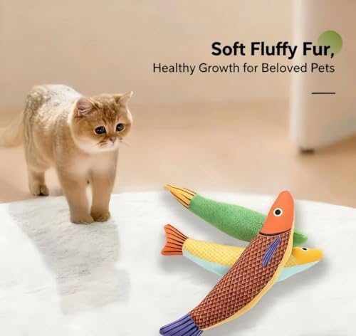 Catnip Fish Toys - Crinkle Kicker Toys for Indoor Cats, Kittens with Real Catnip, Encourages Play, Exercise, Biting. Drives Bored Cats Crazy with Fun,3 Pack. (Green,Yellow,red)