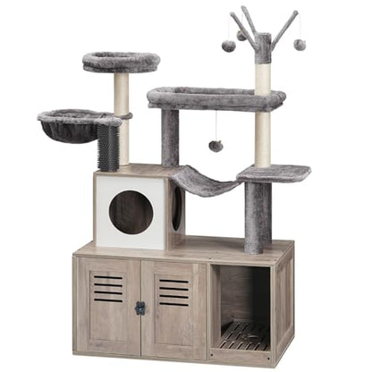 HOOBRO Large Hidden Litter Box, Cat Tree with 30.7'' Long Litter Box Enclosure, Modern Cat Tower, Cat Condos with Scratching Posts, Rubbing Post, Hammock and Teaser Sticks, Greige BG28MZ03G1