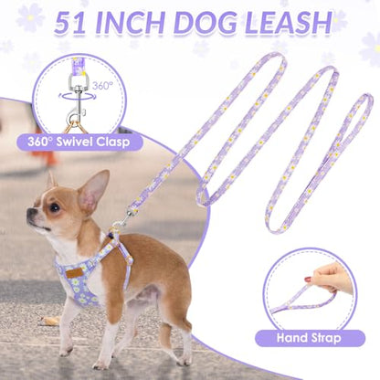 Lukovee Puppy Harness and Leash Set, No Pull Lightweight Soft Suede Adjustable Pet Harness Vest with Snap Buckle for Puppy Small and Medium Size Dog (Purple-XXS) - color: Purple Daisy, size: XX-Small ( 2.2-6lb )