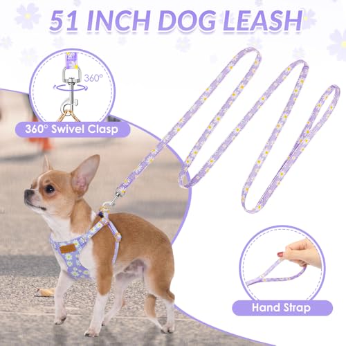 Lukovee Puppy Harness and Leash Set, No Pull Lightweight Soft Suede Adjustable Pet Harness Vest with Snap Buckle for Puppy Small and Medium Size Dog (Purple-S) - color: Purple Daisy, size: Small ( 9-17.5lb )