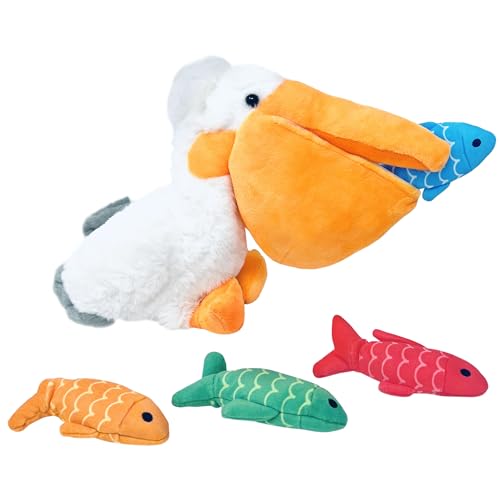 Off the Wall Toys Charlie & LEW Interactive Pelican & Fish Hide and Seek Toy - Crinkle Squeaky Fun for Small Breed Dogs & Cats, Durable & Engaging Fun and Bright Colors
