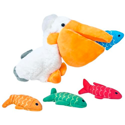 Off the Wall Toys Charlie & LEW Interactive Pelican & Fish Hide and Seek Toy - Crinkle Squeaky Fun for Small Breed Dogs & Cats, Durable & Engaging Fun and Bright Colors