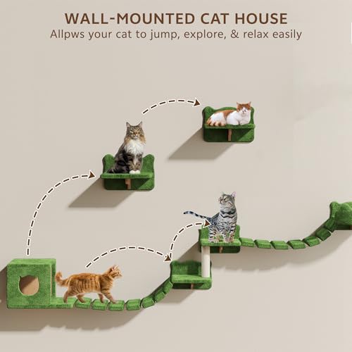 9-in-1 Cat Wall Shelves, Multi-Level Wall Mounted Cats Furniture Set with Plush Fabric, Floor Space-Saving Wooden Cat Climbing Wall Systems with Scratching Post, Bridge Ladder, Condos, Green - color: Green, size: 9-in-1