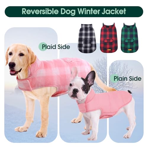Kuoser Reversible Winter Coat, British Style Jacket for Medium and Large Dogs - Warm Windproof Puppy Cold Weather Clothes Vest, Pink L - color: Pink, size: L (Chest Girth: 20.9-24.4'')