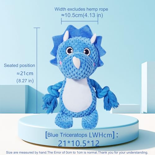 Cute Animals Interactive Squeaky Dog Toy with a Vocal Bladder, Crinkle Paper Stuffed Soft Cotton Chew Toy, Teething Rope Tug of War Pull Toy to Keep Them Busy for Puppy, Small Dogs - Blue Triceratops - color: Blue Triceratops
