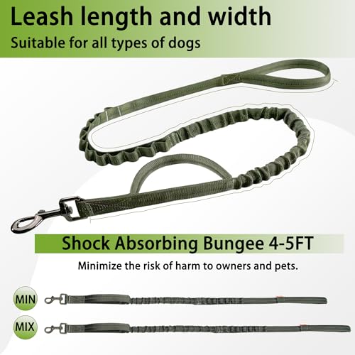 FOVRLZSE Reflective Bungee Dog Leash for Small Medium Large Dogs - 4FT to 5FT Adjustable Shock Absorbing Leash with Double Padded Handle & 360 No Tangle Metal Clasp (Olive Green) - color: Olive Green