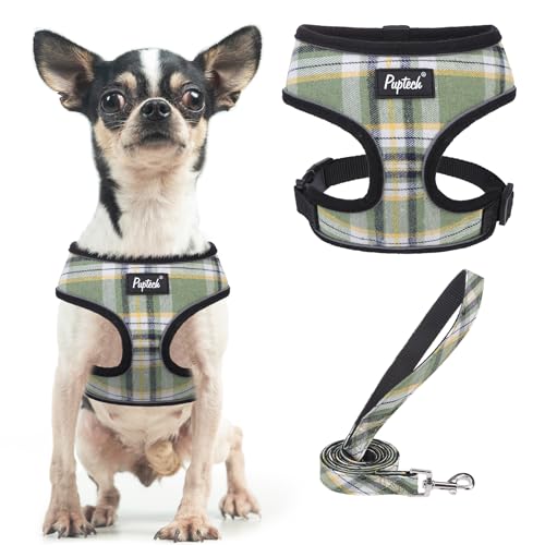 PUPTECK Soft Mesh Dog Harness and Leash Set Pet Puppy Cat Comfort Padded Vest No Pull Harnesses, Green/Yellow, XS - color: Green&Yellow, size: XS (NECK: 10", CHEST: 10"-14")