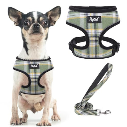 PUPTECK Soft Mesh Dog Harness and Leash Set Pet Puppy Cat Comfort Padded Vest No Pull Harnesses, Green/Yellow, XS - color: Green&Yellow, size: XS (NECK: 10", CHEST: 10"-14")