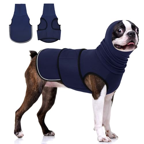 Dog Anxiety Relief Vest with Ear Cover, Soft & Breathable Dog Thunder Jacket for Thunderstorm, Fireworks, Travel, Separation, Reflective Calming Hoodie for Small Dogs, Navy Blue S - color: Nave Blue, size: Small