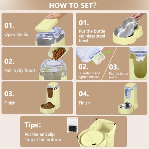 HWONMTE Portable Automatic Cat Feeder and Water Dispenser with Stainless Steel Bowl Dog Gravity Food Feeder and Waterer for Small Medium Pets Puppy Kitten 1 Gallon x 2 (Cream Yellow) - color: Cream Yellow