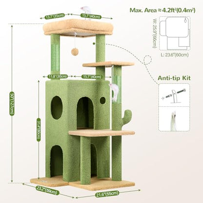 Globlazer Cactus Cat Tree Tower for Indoor Cats, 50-inch Adult Cat Tree House for Large Adult Cats with Steps, Scratching Post, 2 Cat Caves, Dangling Toys, FC50, Green - color: Cactus