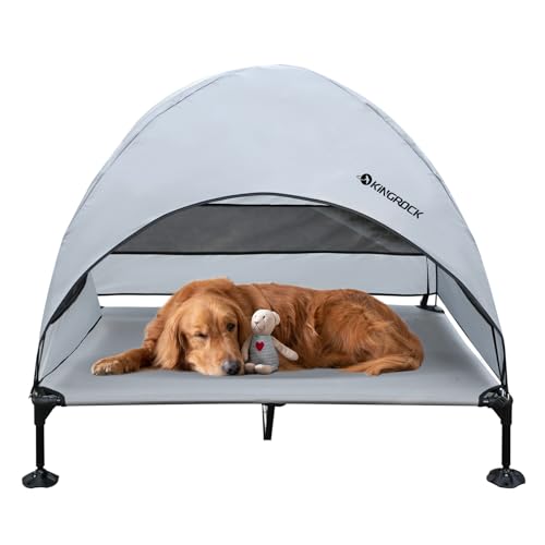 Elevated Dog Bed with Removable Canopy Portable Outdoor Pet Cot Waterproof 600D Oxford Fabric Anti Slip Feet for Large Dogs Camping Beach Indoor and Outdoor Use - color: Grey, size: 50"L x 32.6"W x 43"Th