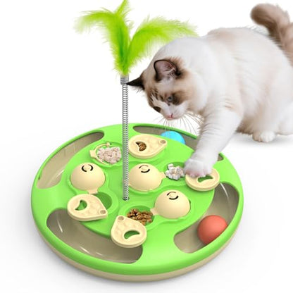 3 in 1 Cat Treat Puzzle Feeder, Level 3 Interactive Cat Puzzle Toy with Track Balls, Feather Teaser & Slow Feeder Insert, Non-Slip Base, Mental Stimulation for Bored Indoor Cats, Green - color: Green