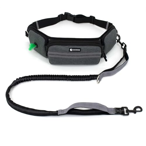 Hands Free Leash with Walking Fanny Pack for Large Medium Small Dogs, Heavy Duty Durable Reflective Waist Bungee for Training, Night Walking Running Jogging Hiking - color: Grey, size: 1 Leah
