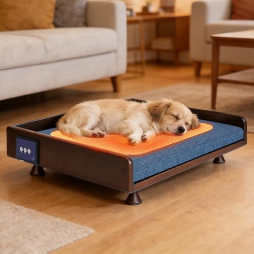 Smart Pet Bed, Downward Suction Ventilation, 3-Speed Cooling and Warmth, Solid Wood Frame, Touch Control, 3-Color Ambient Light, Removable Washable Pad, All-Season Pet Sofa for Cats and Dogs