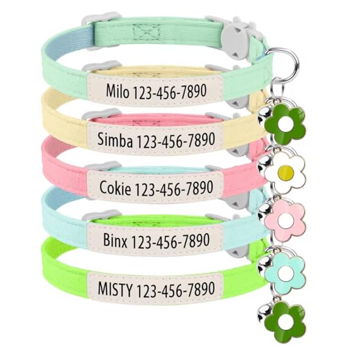 Personalised Glow in the Dark Cat Collar with Bell Flower Decoration, Custom UV-Printed Name & Phone Number, Luminous Adjustable Cat Collar Breakaway (Fluorescent Glow)