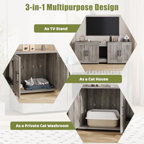 Garvee Cat Litter Box Enclosure for 2 Cats, 55" Hiddden Litter Box Enclosure Furniture 3-in-1 Wooden Litter Cabinet with Barn Door & Double Rooms for Bedroom Living Room, Gray - color: Gray
