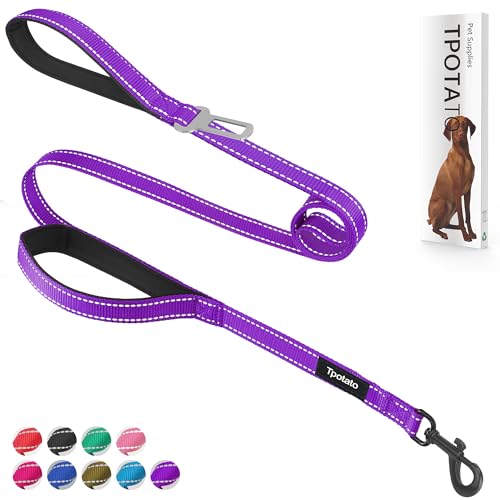 6 Foot Purple Dog Leashes for Large Medium and Small Breed Dogs That Pull,Reflective Nylon Heavy Duty Dog Leash with 2 Comfortable Padded Traffic Handles and Car Seat Belt for Walking and Training - color: Purple