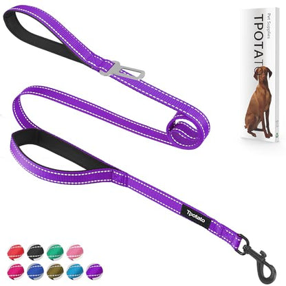 6 Foot Purple Dog Leashes for Large Medium and Small Breed Dogs That Pull,Reflective Nylon Heavy Duty Dog Leash with 2 Comfortable Padded Traffic Handles and Car Seat Belt for Walking and Training - color: Purple