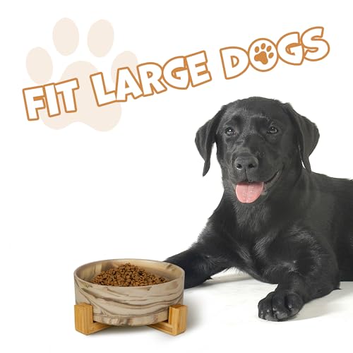 YOBRO Large Dog Bowl with Stand, 8" Non-Slip Ceramic Food or Water Bowl for Large Breed Dogs, Wide Open for Multiple Dogs, Modern Marble Design, Brown