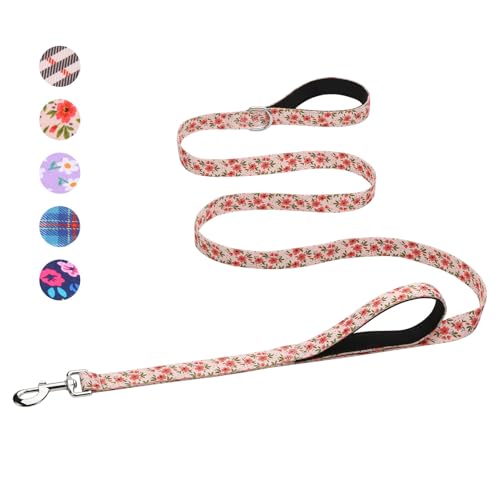 Hikiko Double Handle Dog Leash 6 Foot Cute Girl Padded Traffic Handles for Walking Training (Cream Natural Floral, 6ft) - color: Cream Natural, size: 1 in x 6 ft