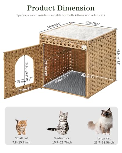 SETVSON Cat Litter Box Enclosure Furniture with One Cat Bed Pad, Hidden Litter Box Handwoven Rattan Cat House with Two S-Shaped Hooks for Living Room, Bedroom, 18.5 x 20.5 x 19.1 Inch,Natural - color: Natural, size: Standard With 1 Cat Bed