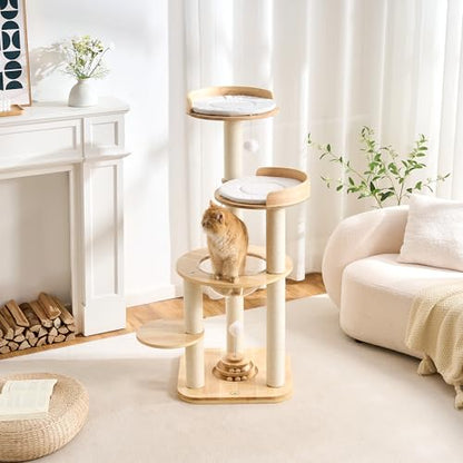 797Audio Modern Solid Wood Cat Tree Tower, 49" Tall Cat Tree with Sisal Scratching Posts and Capsule for Adult Cats, Natural Oak Wooden Cat Tower,Aesthetic Multi-Level Cat Climbing Tree for Indoor Cat - color: 49 Inch-Turntable Toy