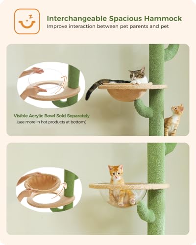 PETEPELA Floor to Ceiling Cat Tree [87"-100"] Height Adjustable, 5 Levels Cactus Cat Tower with Perch&Replaceable Hammock(Visible Acrylic Bowl), 4.1" Super Robust Cat Scratcher, Cactus Green
