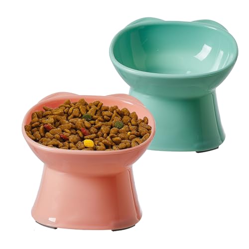 KSIA Klear Elevated Cat Bowls 2 Pack, Tilted Raised Cat Bowls for Indoor Cats, for Food and Water, 4.72" Wide, Whisker Friendly Anti Vomit for Indoor Cats, Microwave and Dishwasher Safe, Pink&Green - color: Pink&Green