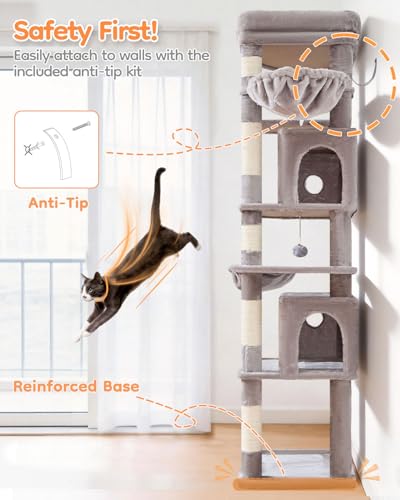 Taoqimiao Heavy Duty Cat Tree, 73in Cat Tower for Indoor Cats 25 lbs+, Extra Large Cat Tree, 2 Widen Condos, Enlarged Sleeping Platform, 9 Scratching Posts, 2 Cozy Baskets, Cat Toys, F30W Light Gray - color: Light Gray